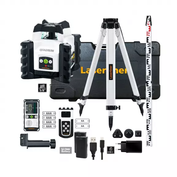 Ротационен лазерен нивелир LASERLINER Quadrum Compact 210 S Set, червен лазер, обхват 200m, точност 1.5mm/10m, автом./автом.