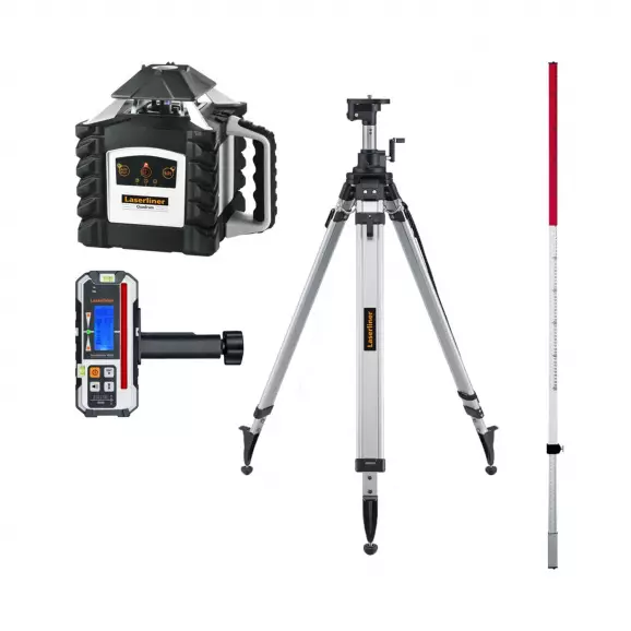 Ротационен лазерен нивелир LASERLINER Quadrum M350 S Set 4, червен лазер клас 2, обхват 350m, точност 1mm/10m, автом./автом.