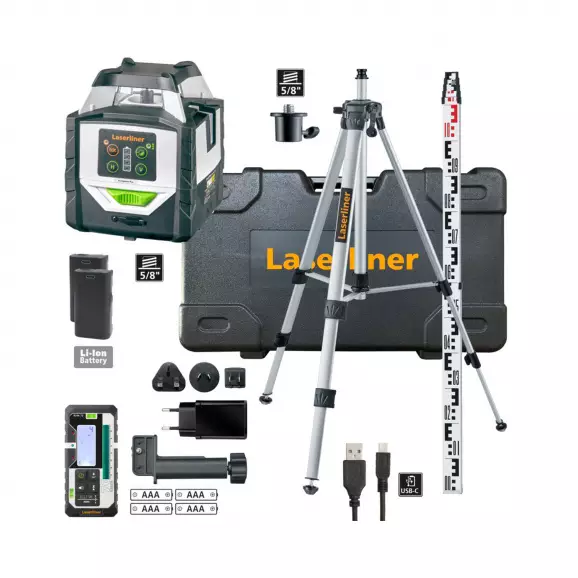 Ротационен лазерен нивелир LASERLINER DuraPlane Plus G360 SET 175см, червен лазер клас 2, точност 1mm/10m, автом./автом.