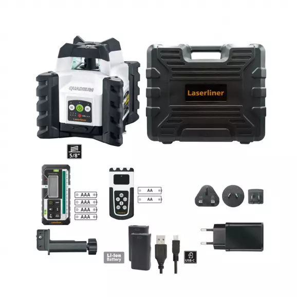 Ротационен лазерен нивелир LASERLINER Quadrum Compact GT M300 S, червен лазер клас 2, обхват 350m, точност 1.5mm/10m, автом./автом.