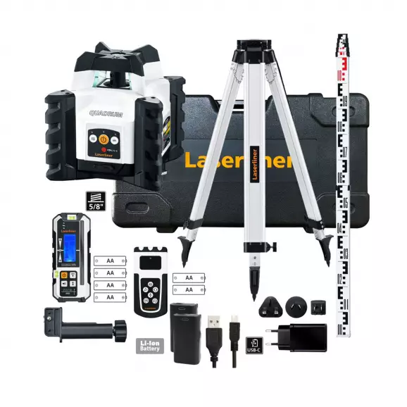 Ротационен лазерен нивелир LASERLINER Quadrum Compact M350 S Set 165cm, червен лазер, обхват 200m, точност 1.5mm/10m, автом./автом.