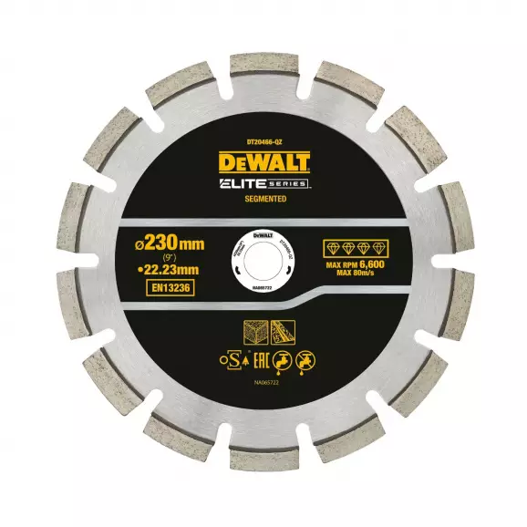 Диск диамантен DEWALT ELITE 230x22.23мм, за рязане на асфалт, сухо и мокро рязане
