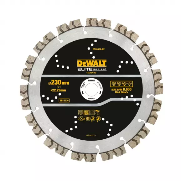 Диск диамантен DEWALT ELITE 230x22.23мм, за рязане на бетон, тухли и керемиди, сухо и мокро рязане