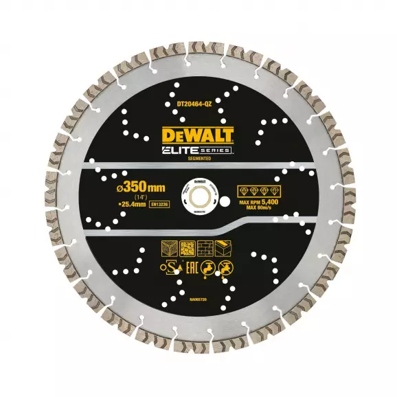 Диск диамантен DEWALT ELITE 350x25.4мм, за рязане на бетон, тухли и керемиди, сухо и мокро рязане