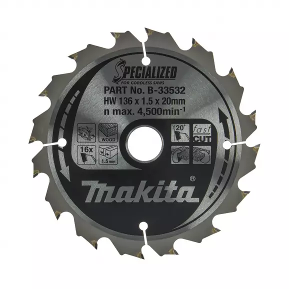 Диск с твърдосплавни пластини MAKITA SPECIALIZED 136/1.5/20 Z=16, за дървесина