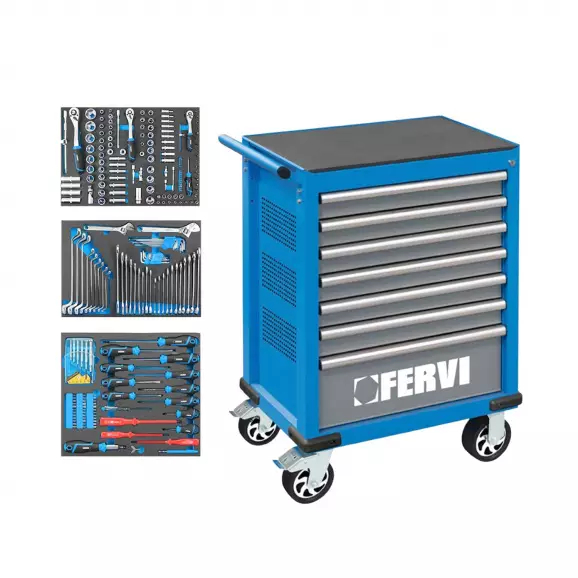 Количка за инструменти с чекмеджета FERVI C960C3C 235 части, с 7-чекмеджета, комплект с инструменти, 770x460x985