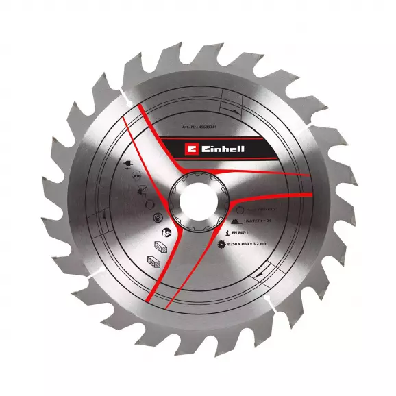 Диск с твърдосплавни пластини EINHELL 250/3.2/30 Z=24, за рязане на дървесина, дървесни плоскости