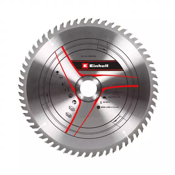 Диск с твърдосплавни пластини EINHELL 250/3.2/30 Z=60, за рязане на дървесина, дървесни плоскости