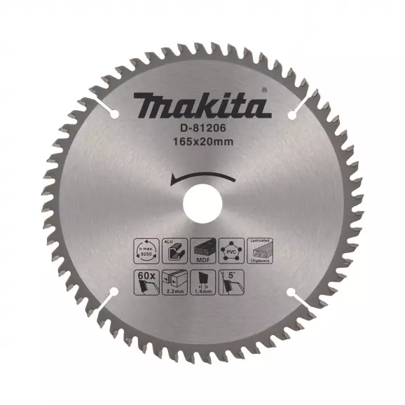 Диск с твърдосплавни пластини MAKITA 165/2.2/20 Z=60, за рязане на алуминий, дървесина и PVC