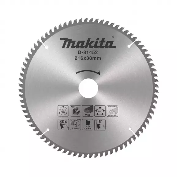 Диск с твърдосплавни пластини MAKITA 216/2.4/30 Z=80, за рязане на алуминий, дървесина и PVC
