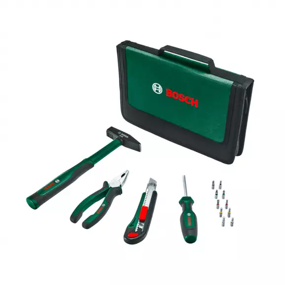Комплект инструменти BOSCH 14части, накрайници, отвертка, клещи, чук, в чанта