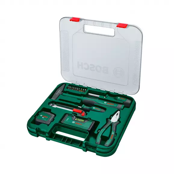 Комплект инструменти BOSCH 17части, накрайници, отвертка, клещи, чук, в куфар