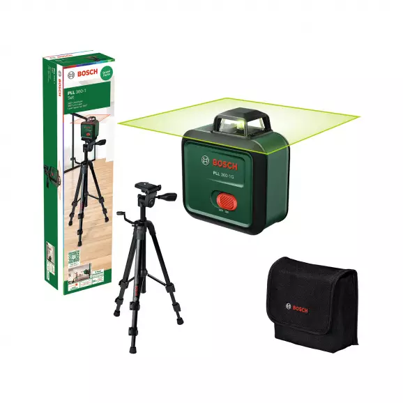 Линеен лазерен нивелир BOSCH PLL 360-1G Set, зелен лазер, точност 4mm/10m, автоматично