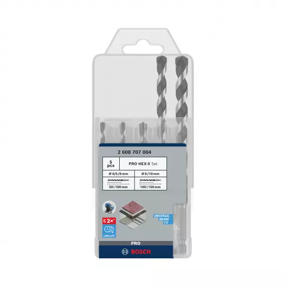 Свредла BOSCH Pro HEX-5 4.0-10.0мм 5части, за бетон, 2 режещи ръбa, 1/4