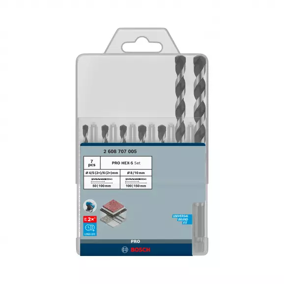 Свредла BOSCH Pro HEX-5 4.0-10.0мм 7части, за бетон, 2 режещи ръбa, 1/4