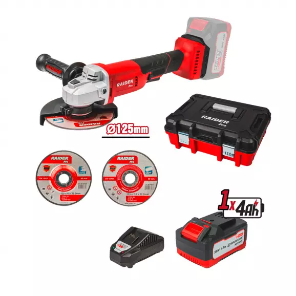 Акумулаторен ъглошлайф RAIDER RDP-YAG20, 20V, 4.0Ah, Li-Ion, ф125мм