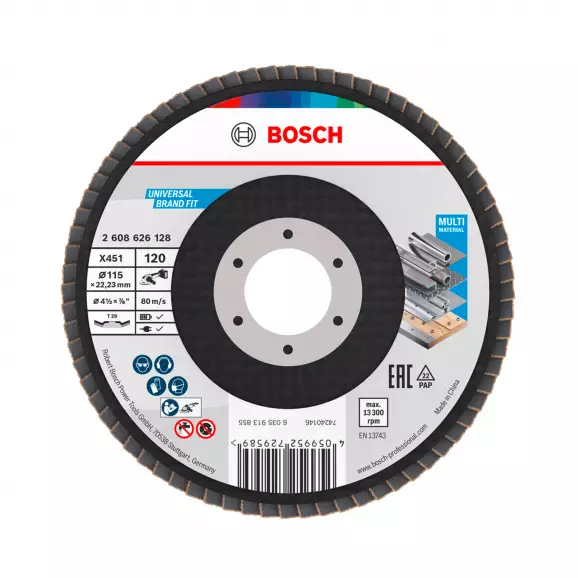 Диск ламелен BOSCH X431 115x22.23 P120, за шлайфане на метал и стомана, конусовиден
