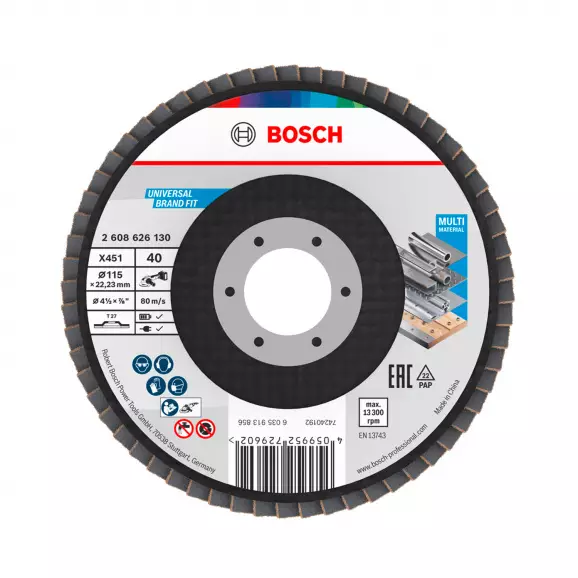 Диск ламелен BOSCH X431 115x22.23 P40, за шлайфане на метал и стомана, прав