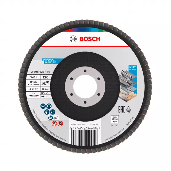 Диск ламелен BOSCH X431 125x22.23 P120, за шлайфане на метал и стомана, конусовиден