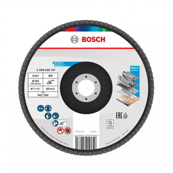 Диск ламелен BOSCH X431 180x22.23 P60, за шлайфане на метал и стомана, конусовиден