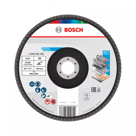 Диск ламелен BOSCH X431 180x22.23 P80, за шлайфане на метал и стомана, конусовиден