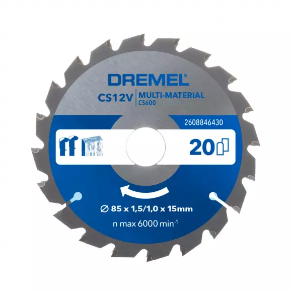 Диск с твърдосплавни пластини DREMEL 85/1.5/15 Z=20, за цветни метали, дърво, пластмаси, ламиниран паркет