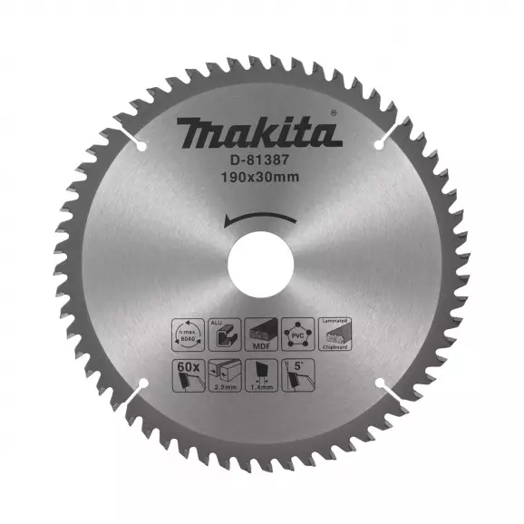 Диск с твърдосплавни пластини MAKITA 190/2.2/30 Z=60, за рязане на алуминий, дървесина и PVC