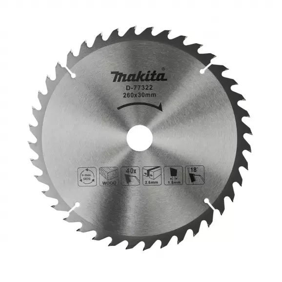 Диск с твърдосплавни пластини MAKITA 260/2.6/30 Z=40, за дървесина