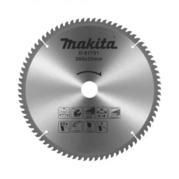 Диск с твърдосплавни пластини MAKITA 260/2.6/30 Z=60, за рязане на алуминий, дървесина и PVC