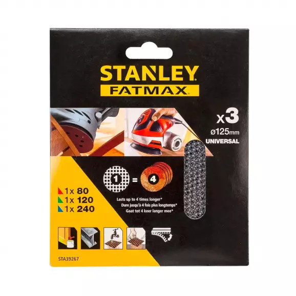 Шкурка велкро мрежеста STANLEY 125мм G80/G120/G240 3 броя