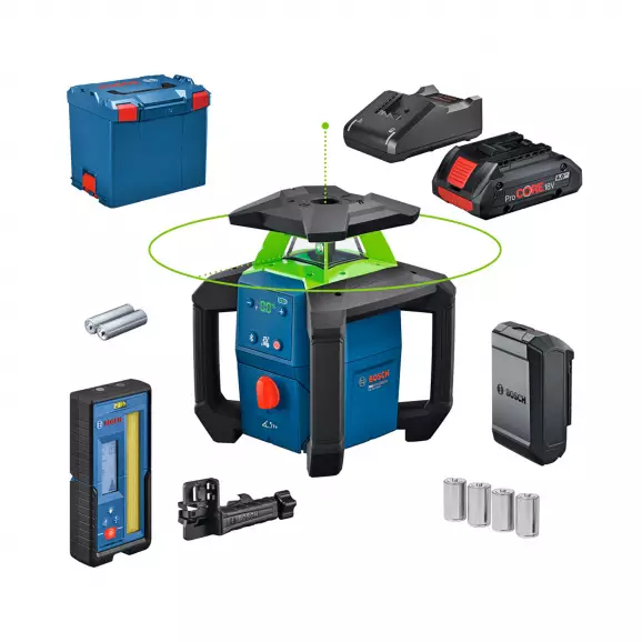 Ротационен лазерен нивелир BOSCH PRO GRL18V-4-34CVG, зелен лазер клас 3R, обхват 400m, точност 1.5mm/30m, автоматично