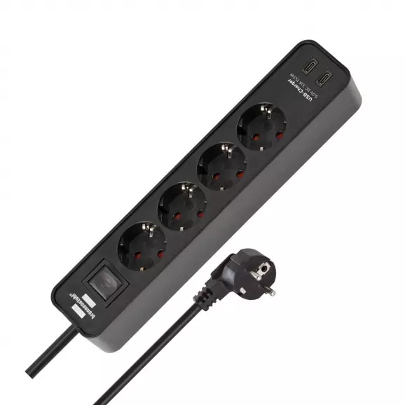 Разклонител BRENNENSTUHL 4гнезда/1.5м с ключ и 2 x USB C, с кабел 1.5м х 1.5мм2, черен