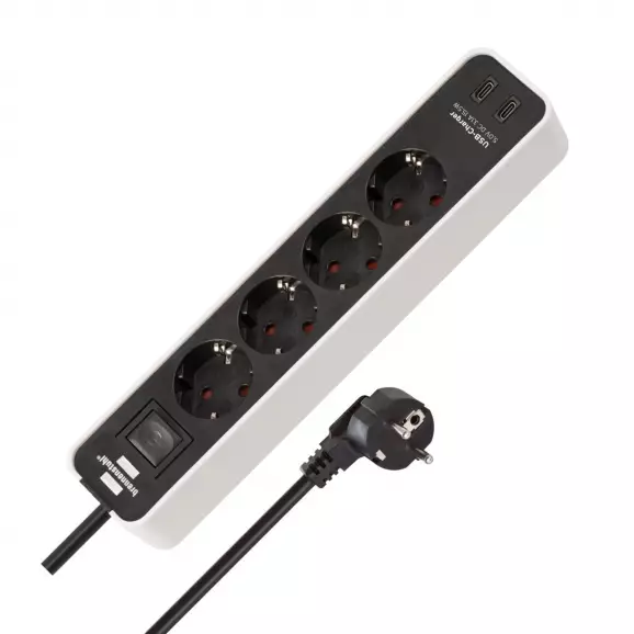 Разклонител BRENNENSTUHL 4гнезда/1.5м с ключ и 2 x USB C, с кабел 1.5м х 1.5мм2, бял/черен
