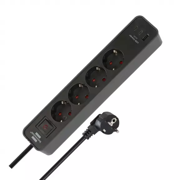 Разклонител BRENNENSTUHL 4гнезда/1.5м с ключ и USB A и 2 x USB C, с кабел 1.5м х 1.5мм2, черен