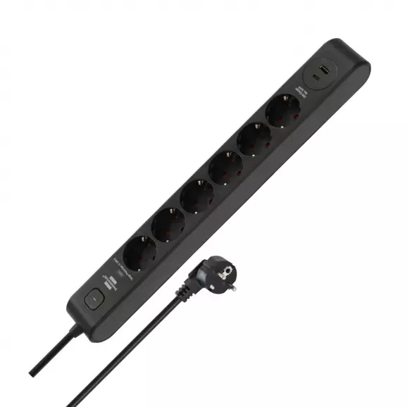 Разклонител BRENNENSTUHL 6гнезда/2.0м с ключ, USB C и USB A, с кабел 2.0м х 1.5мм2, черен