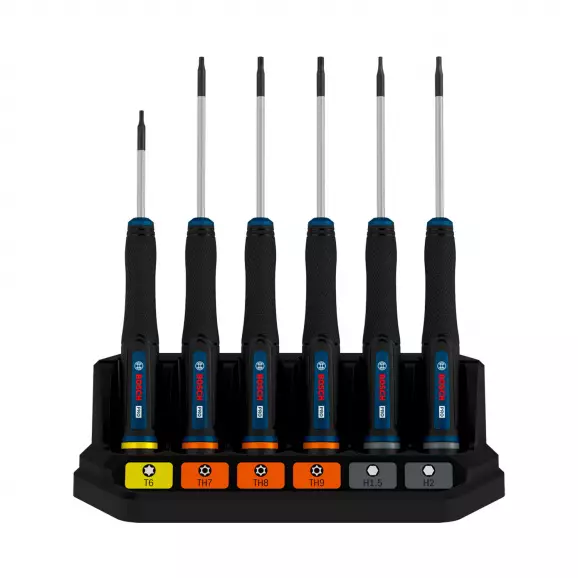 Отвертки комплект за фина механика BOSCH 6части, TX/TH/H, двукомпонентна дръжка
