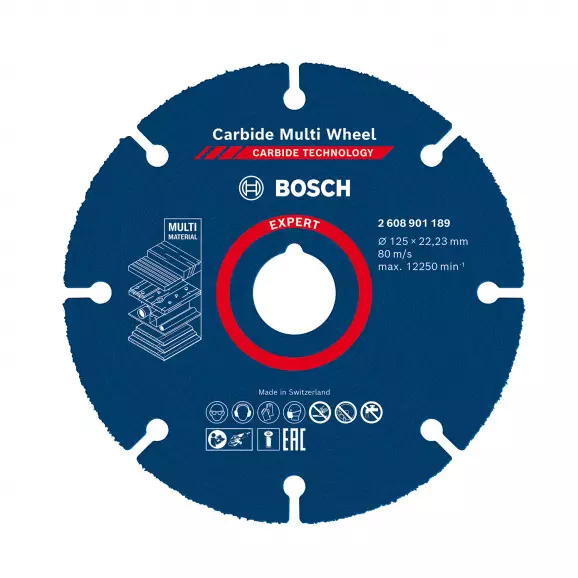 Диск карбиден BOSCH Carbide Multi Wheel 125х1.0х22.23мм, за дърво, пластмаса и др., сухо рязане, сегментиран