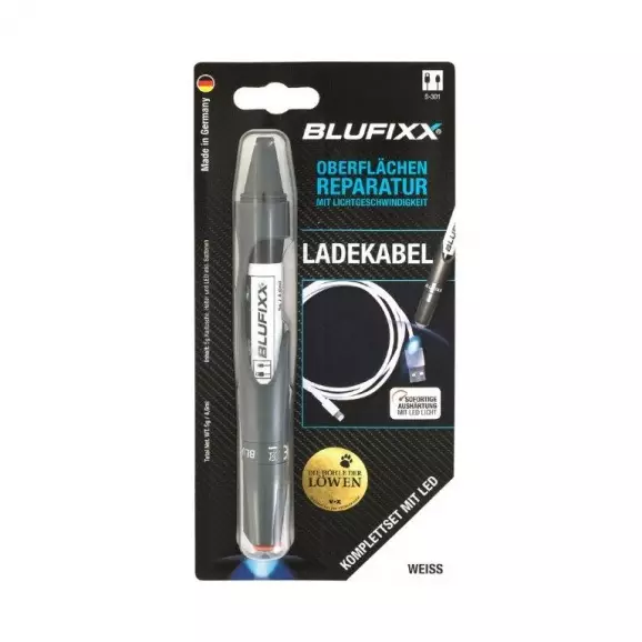 UV ремонтен гел писалка BLUFIXX LADEKABEL 5гр. бял, за кабелни обшивки на зарядни устройства, к-кт със светодиод