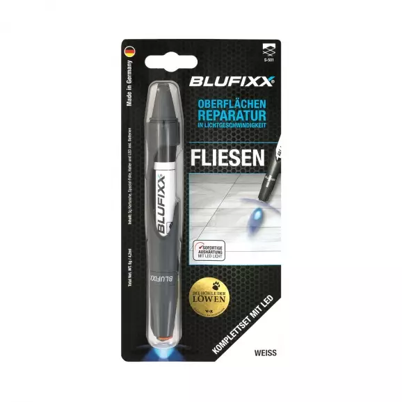 UV ремонтен гел писалка BLUFIXX FLIESEN 5гр. бял, за плочки, гранит и мрамор, к-кт със светодиод