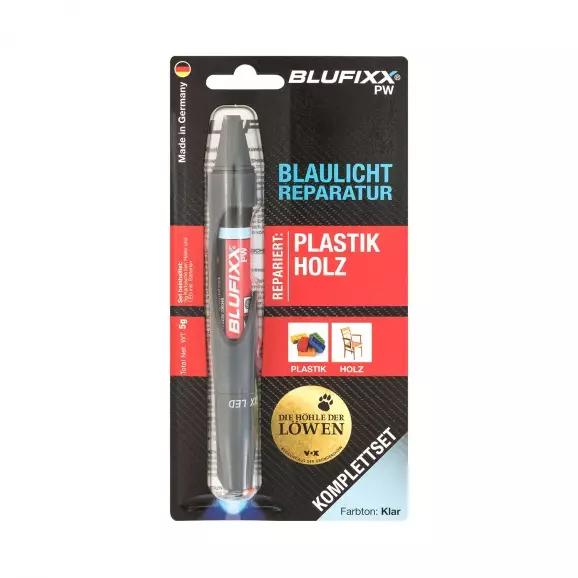 UV ремонтен гел писалка BLUFIXX PW 5гр. прозрачен, за пластмаса и дърво, к-кт със светодиод