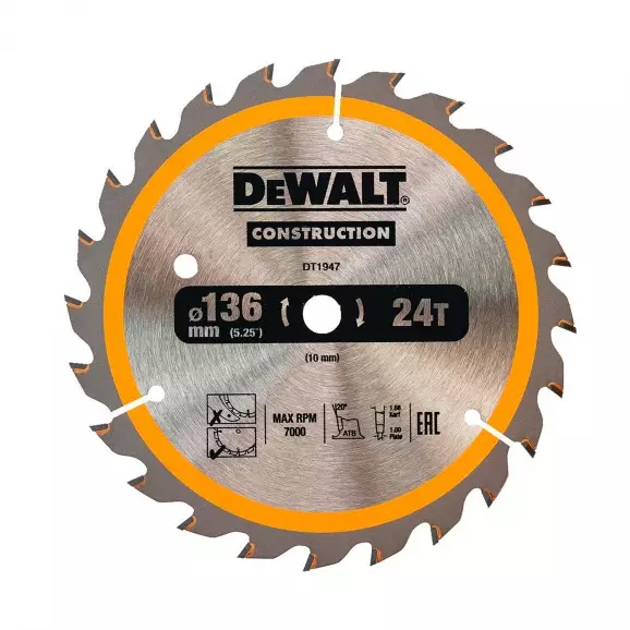 Диск с твърдосплавни пластини DEWALT Construction 136/1.5/10 Z=24, за дървесина