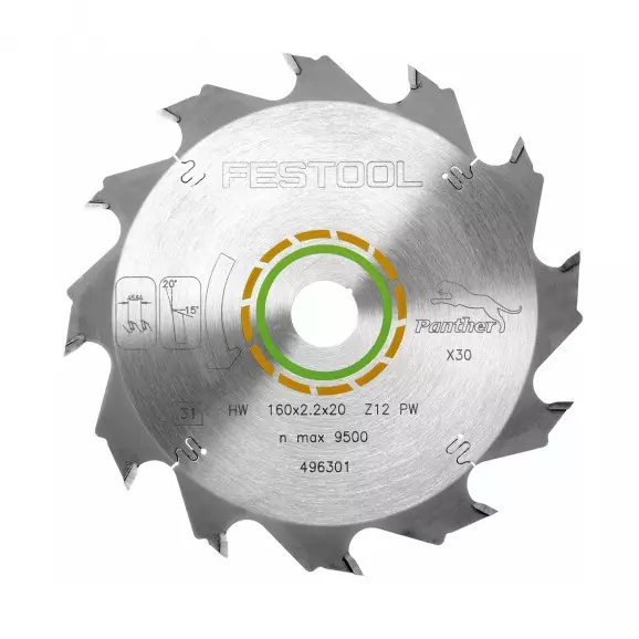 Диск с твърдосплавни пластини FESTOOL 160/2.2/20 Z=12, за рязане на мека и твърда дървесина
