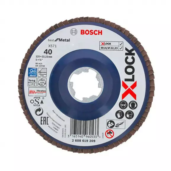 Диск ламелен BOSCH X-LOCK 125x22.23 P40, за шлайфане на неръждаема стомана, чугун, стоманена ламарина