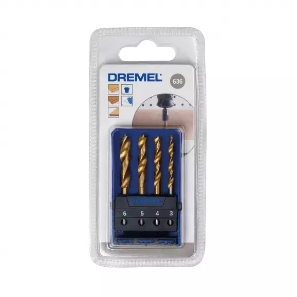 Свредла DREMEL 636 3.0-6.0мм 4части, за дърво, HSS-TiN, цилиндрична опашка