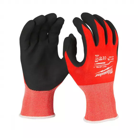 Ръкавици MILWAUKEE XL/10 Level 1, с пет пръста, червени, противосрезни от полиестер, топени в нитрил