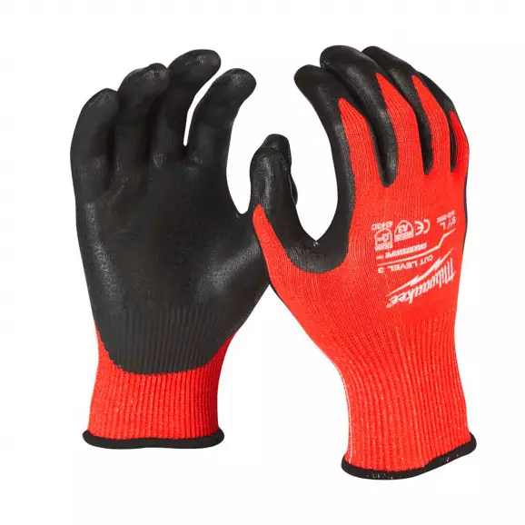 Ръкавици MILWAUKEE XL/10 Level 3, с пет пръста, червени, противосрезни от полиестер, топени в нитрил