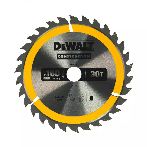 Диск с твърдосплавни пластини DEWALT Construction 160/2.4/20 Z=30, за дървесина