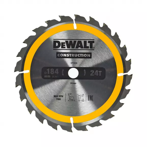 Диск с твърдосплавни пластини DEWALT Construction 184/1.8/16 Z=24, за дървесина