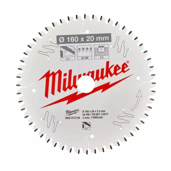 Диск с твърдосплавни пластини MILWAUKEE 160/2.2/20 Z=52, за алуминий
