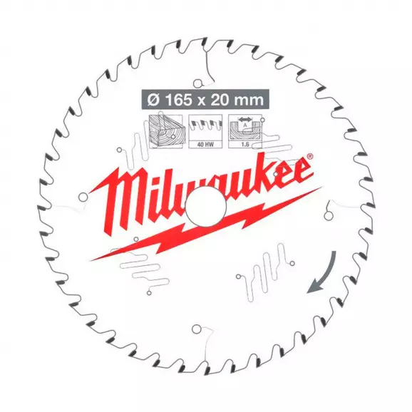 Диск с твърдосплавни пластини MILWAUKEE 165/1.6/20 Z=40, за дървесина